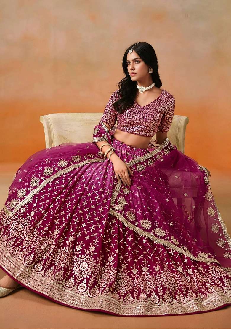 Pink Sequins Georgette Lehenga Set for Diwali and Festive Wear - Indya