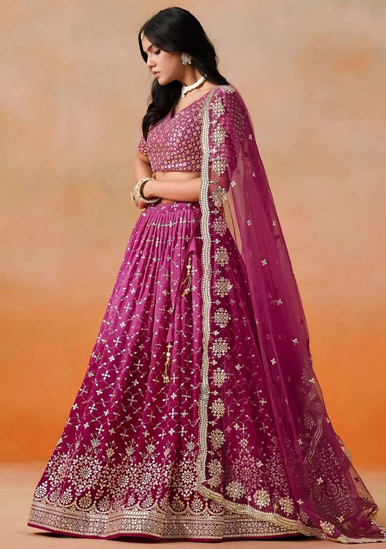 Pink Sequins Georgette Lehenga Set for Diwali and Festive Wear - Indya