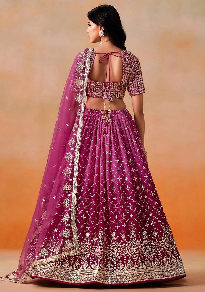 Pink Sequins Georgette Lehenga Set for Diwali and Festive Wear - Indya