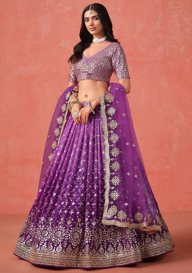 Purple Sequins Georgette Lehenga Set for Diwali and Festive Wear - Indya