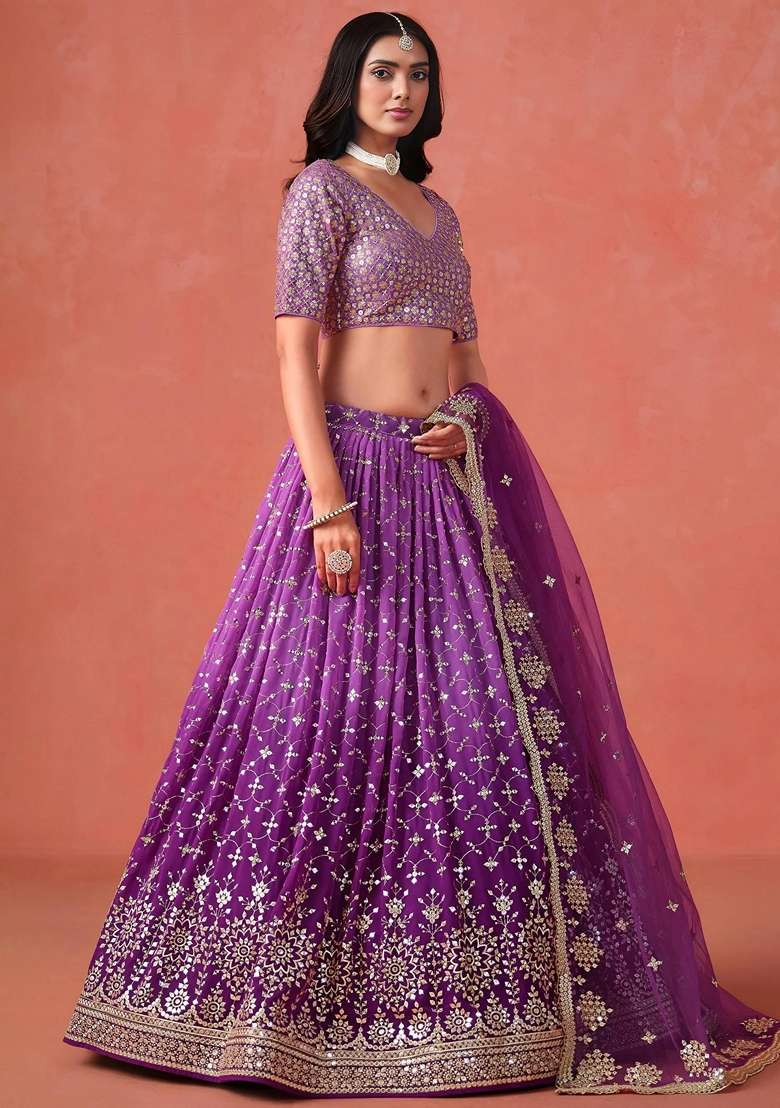 Purple Sequins Georgette Lehenga Set for Diwali and Festive Wear - Indya