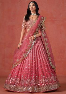 Peach Sequins Georgette Lehenga Set