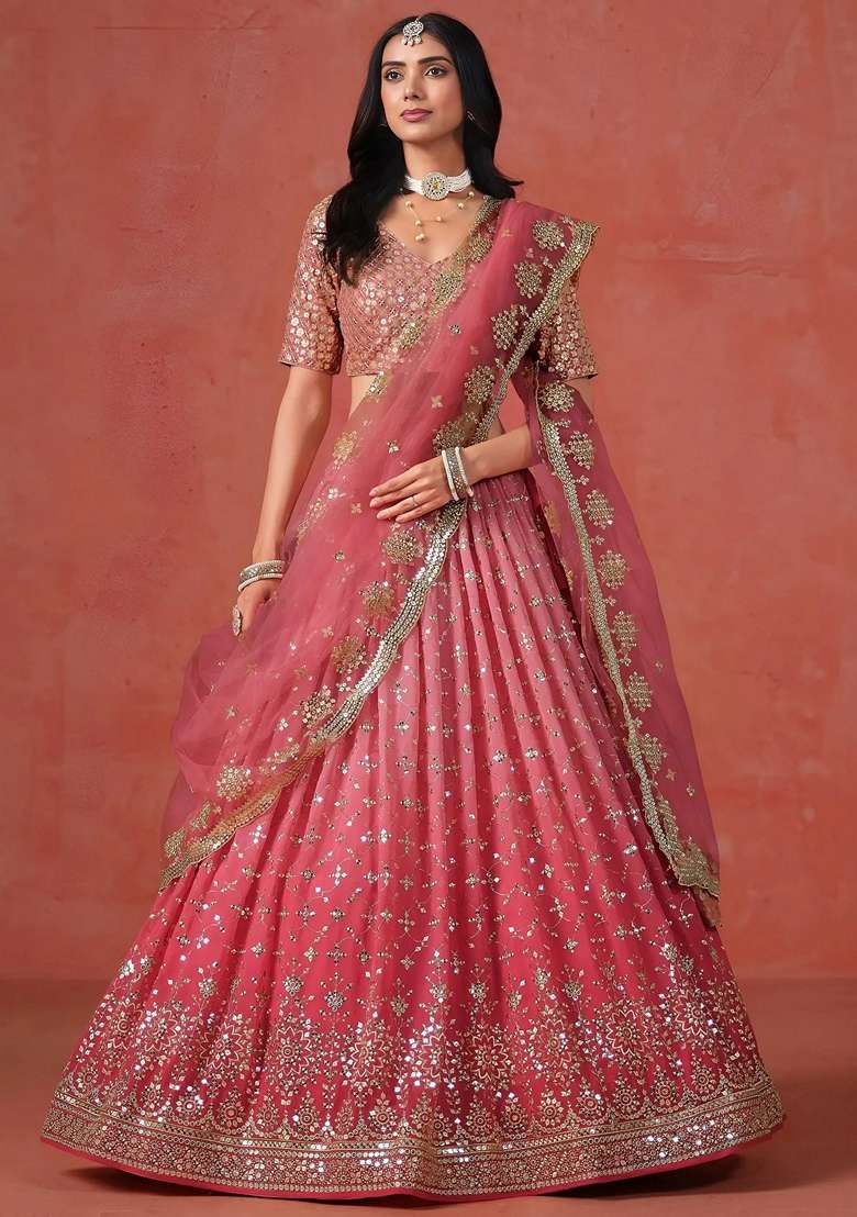 Peach Georgette Lehenga Set with Sequins for Diwali | Wedding & Festive Wear - Indya