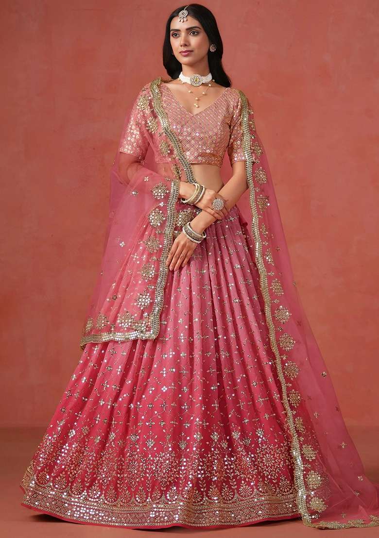 Peach Georgette Lehenga Set with Sequins for Diwali | Wedding & Festive Wear - Indya