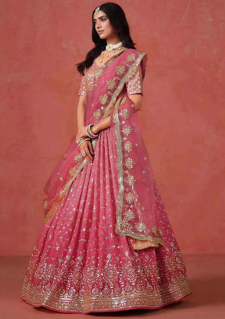 Peach Georgette Lehenga Set with Sequins for Diwali | Wedding & Festive Wear - Indya