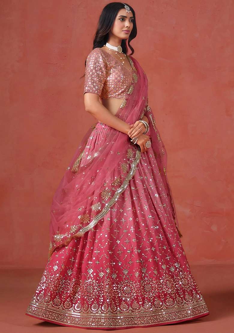 Peach Georgette Lehenga Set with Sequins for Diwali | Wedding & Festive Wear - Indya