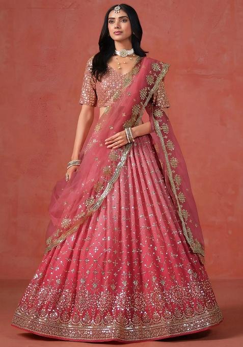Peach Sequins Georgette Lehenga Set — view on Indya
