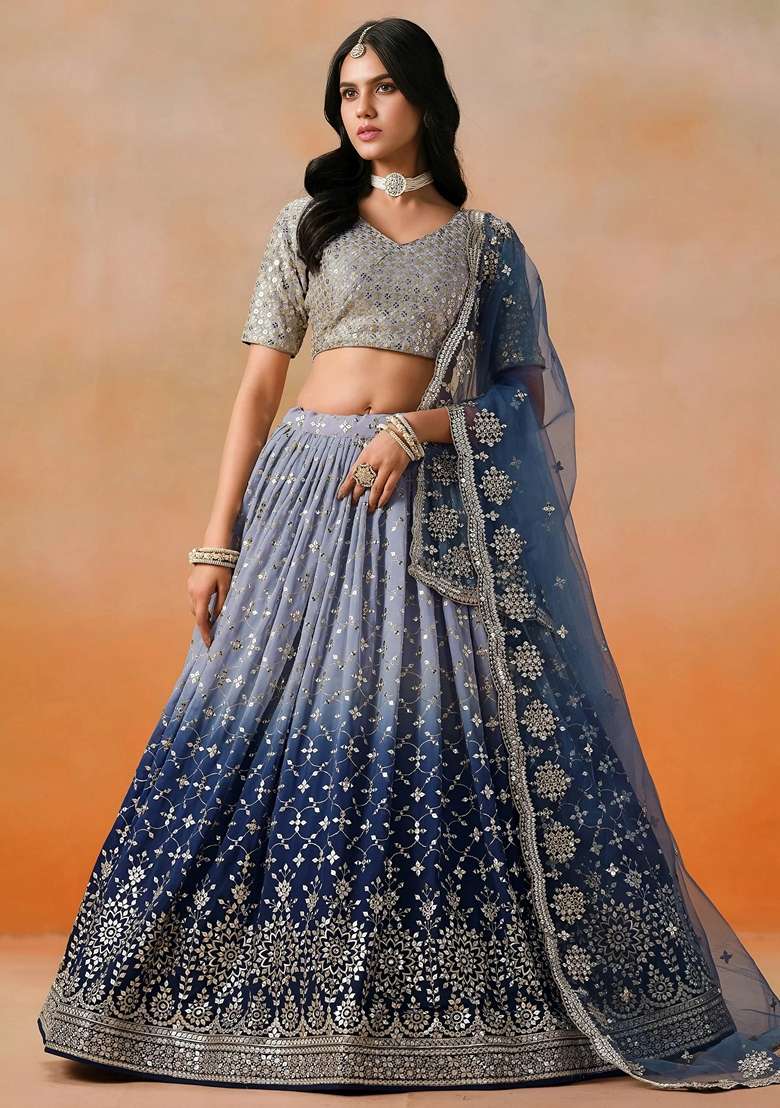 Blue Georgette Lehenga Set with Sequins for Diwali | Wedding & Festive Wear - Indya