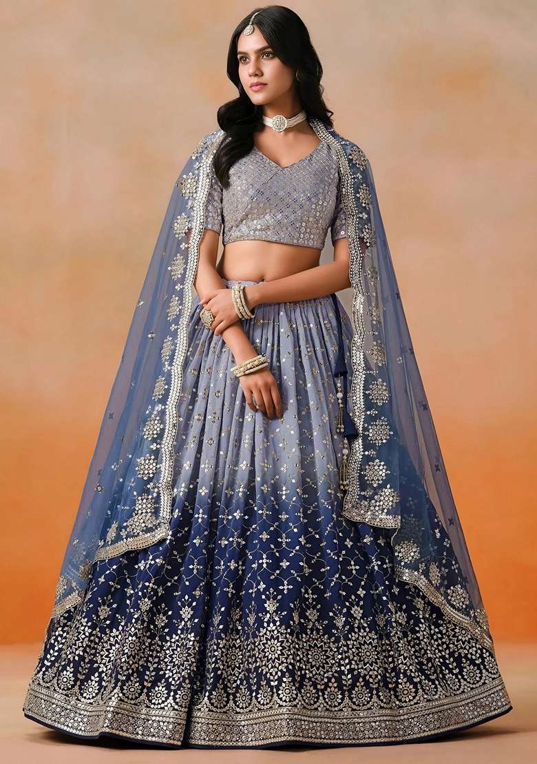 Blue Georgette Lehenga Set with Sequins for Diwali | Wedding & Festive Wear - Indya