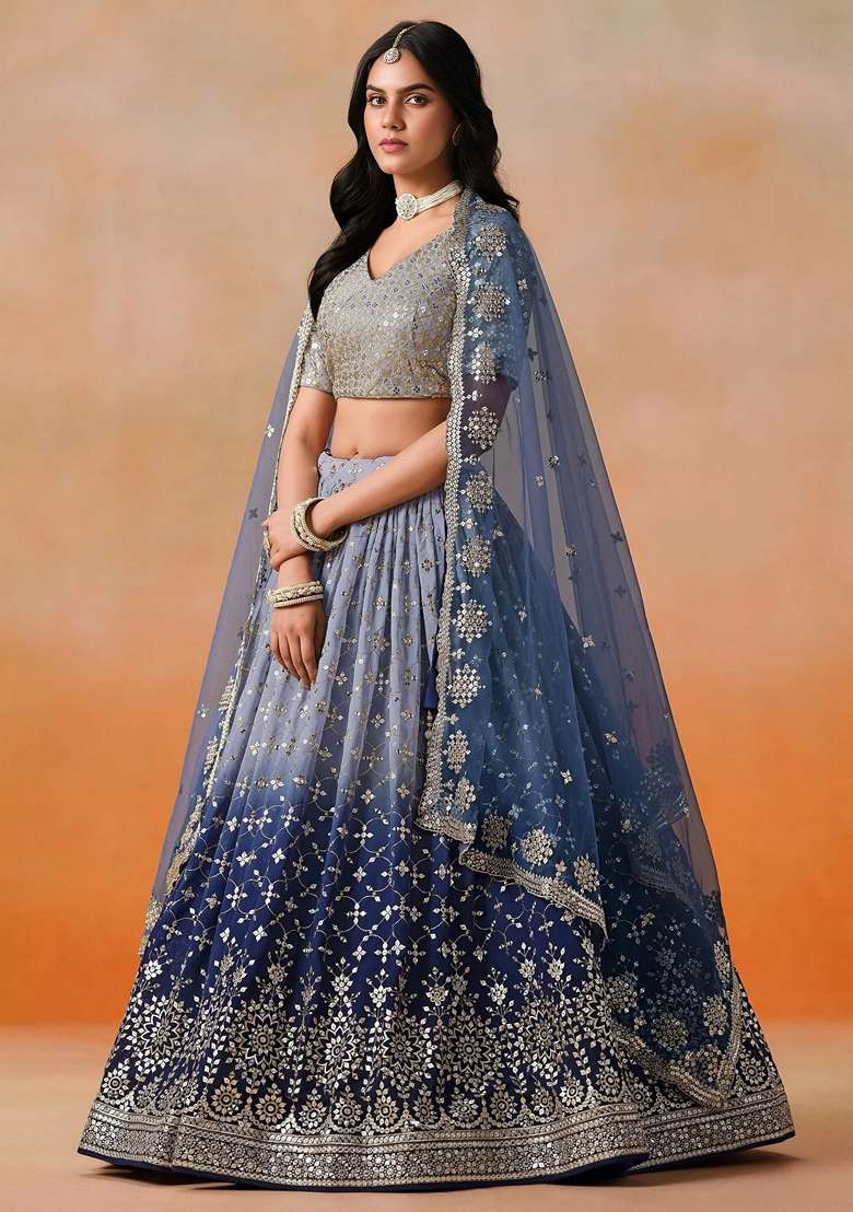 Blue Georgette Lehenga Set with Sequins for Diwali | Wedding & Festive Wear - Indya