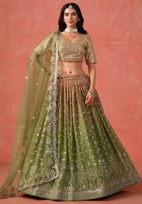 Green Sequins Georgette Lehenga Set