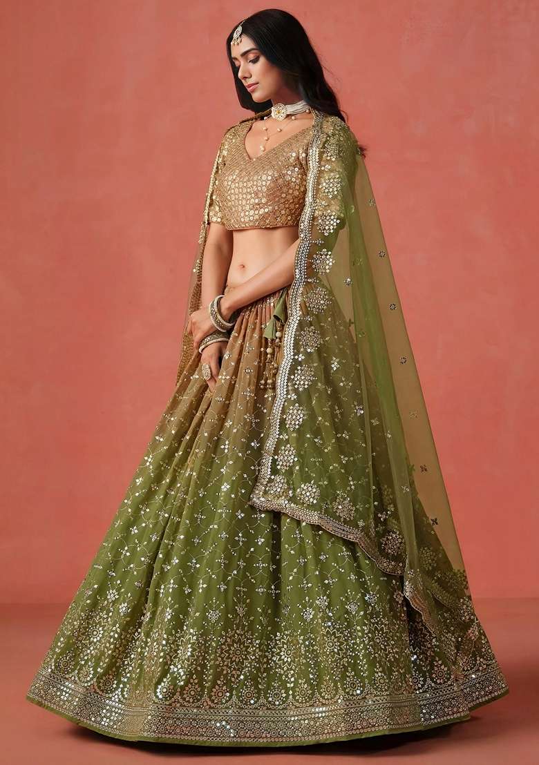 Green Sequins Georgette Lehenga Set for Diwali and Festive Wear - Indya