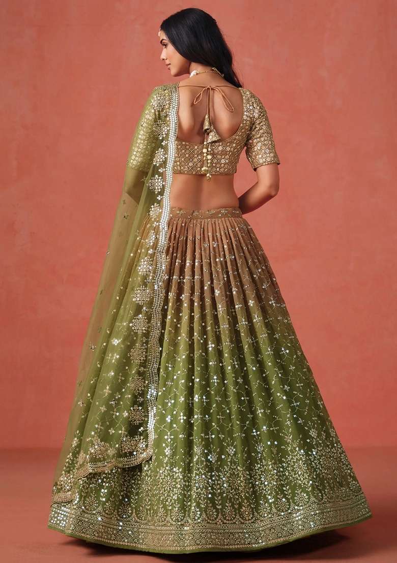 Green Sequins Georgette Lehenga Set for Diwali and Festive Wear - Indya