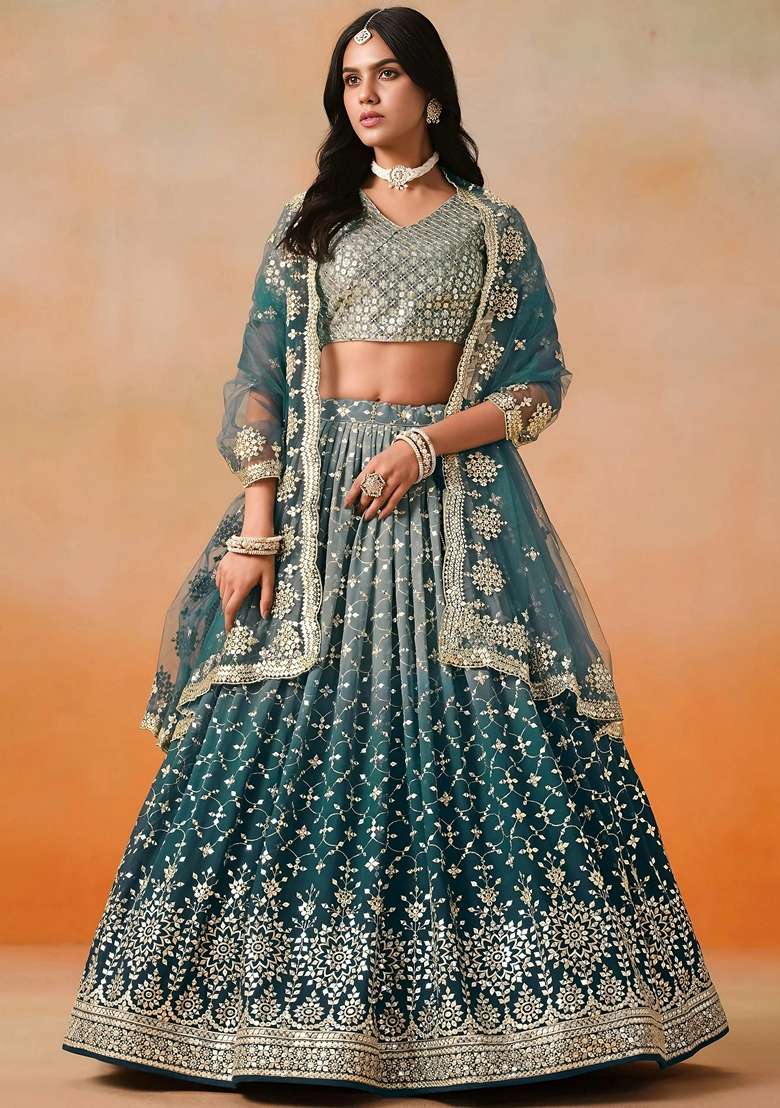 Blue Georgette Lehenga Set with Sequins for Diwali | Wedding & Festive Wear - Indya