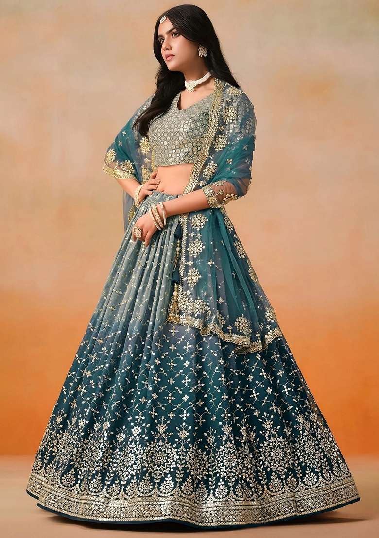 Blue Georgette Lehenga Set with Sequins for Diwali | Wedding & Festive Wear - Indya