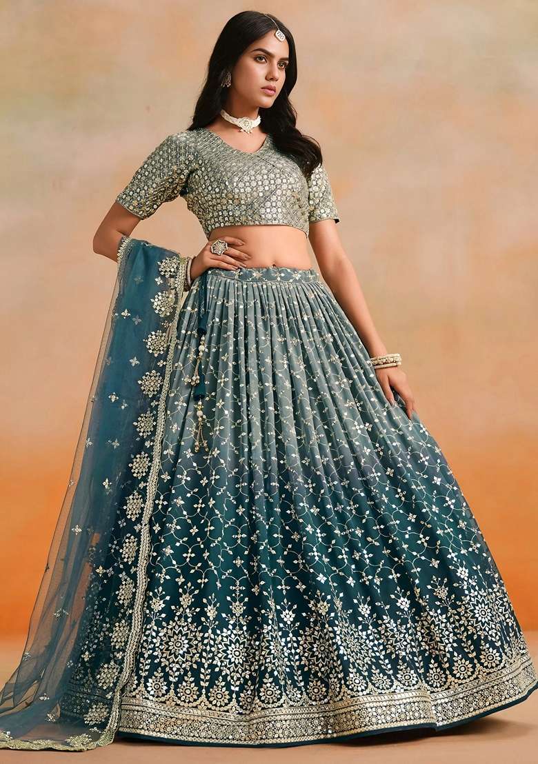 Blue Georgette Lehenga Set with Sequins for Diwali | Wedding & Festive Wear - Indya