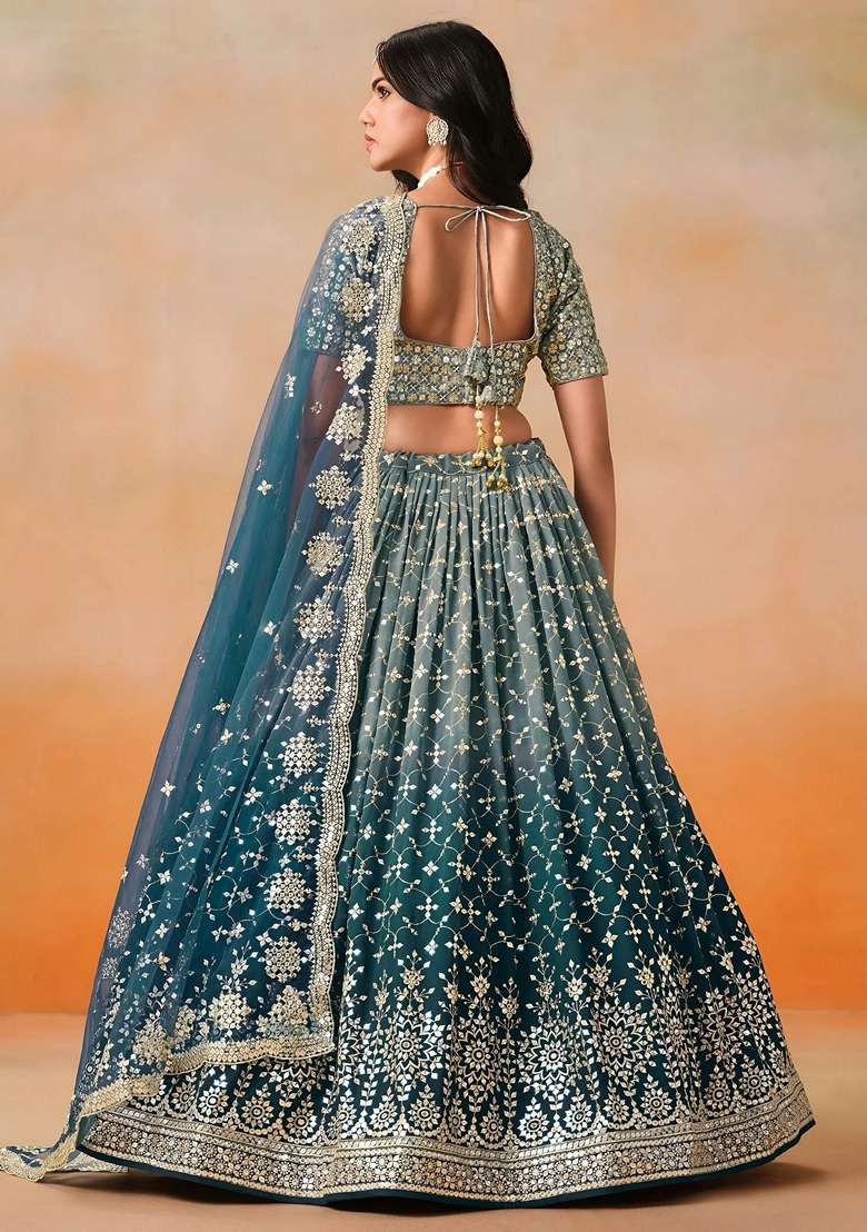 Blue Georgette Lehenga Set with Sequins for Diwali | Wedding & Festive Wear - Indya