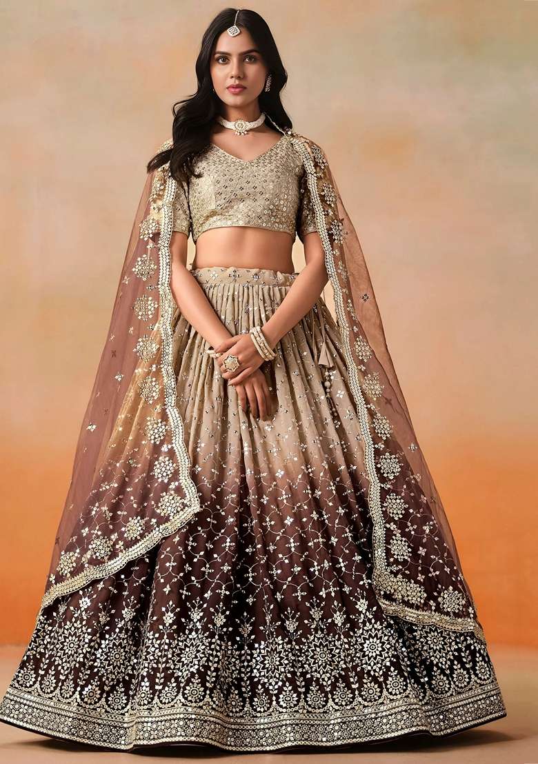 Brown Georgette Lehenga Set with Sequins for Diwali | Wedding & Festive Wear - Indya