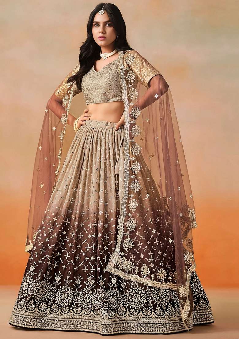 Brown Georgette Lehenga Set with Sequins for Diwali | Wedding & Festive Wear - Indya