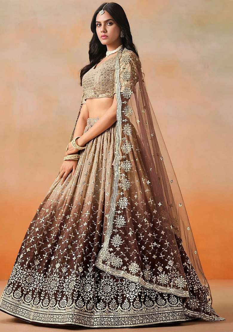 Brown Georgette Lehenga Set with Sequins for Diwali | Wedding & Festive Wear - Indya