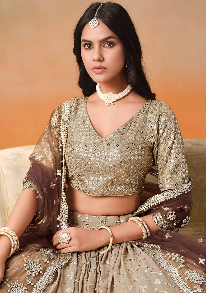 Brown Georgette Lehenga Set with Sequins for Diwali | Wedding & Festive Wear - Indya