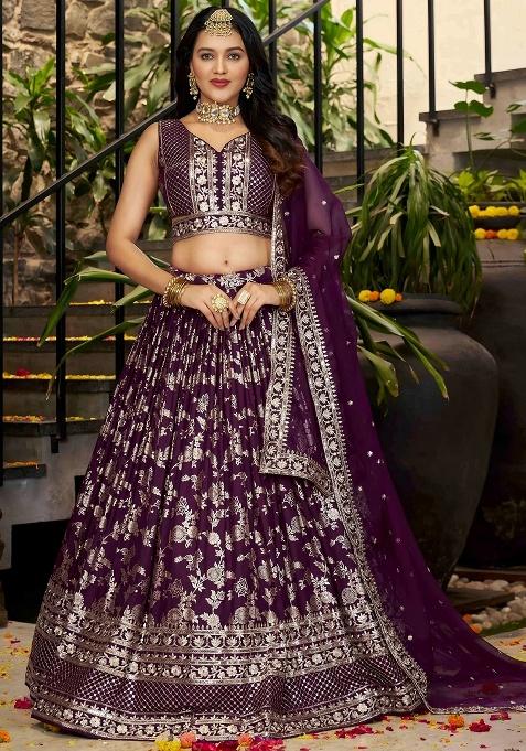 Wine Embroidery Silk Lehenga Set