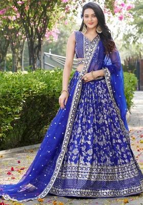 Blue Embroidery Silk Lehenga Set