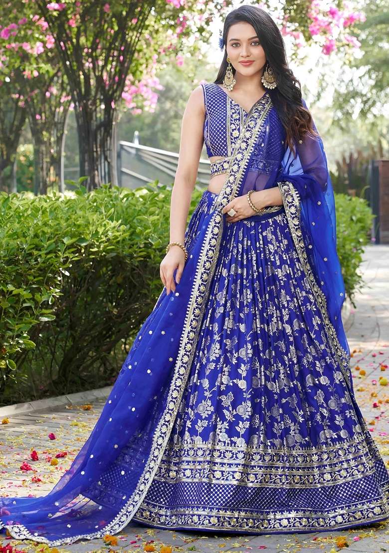 Blue Embroidery Silk Blend Lehenga Set for Diwali and Festive Wear - Indya
