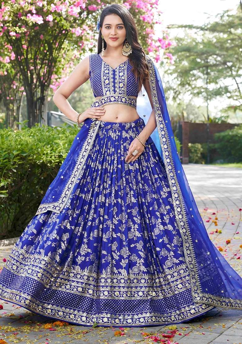 Blue Embroidery Silk Blend Lehenga Set for Diwali and Festive Wear - Indya