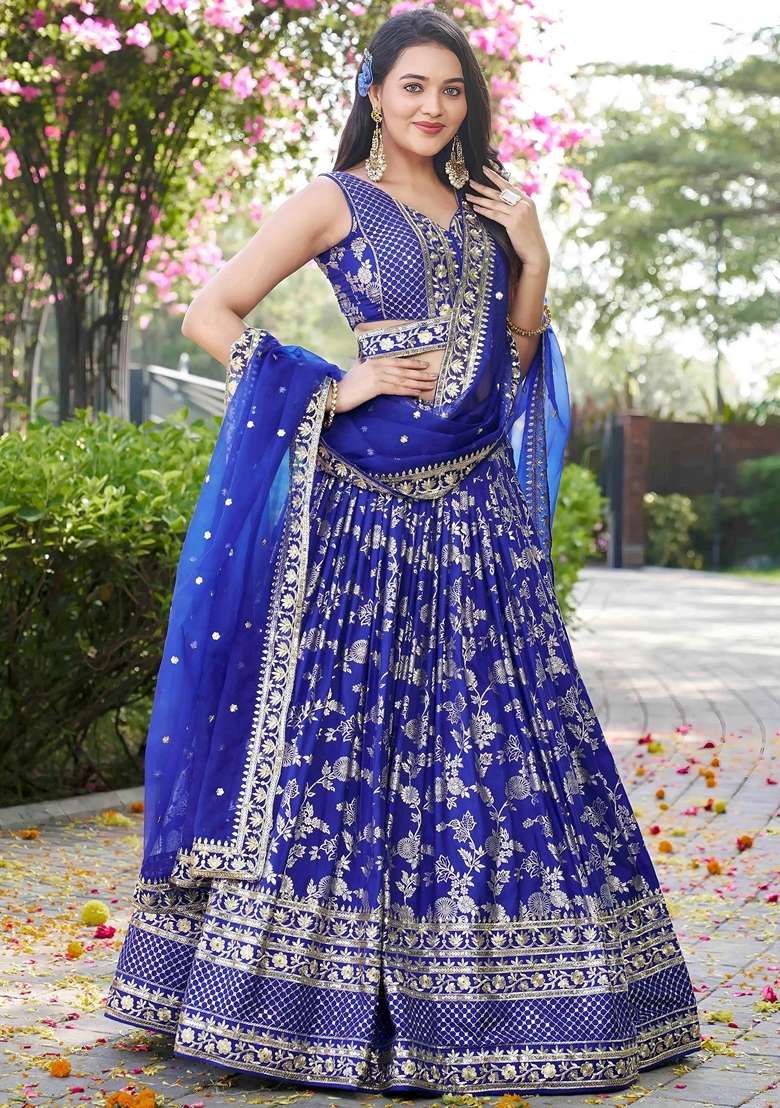 Blue Embroidery Silk Blend Lehenga Set for Diwali and Festive Wear - Indya
