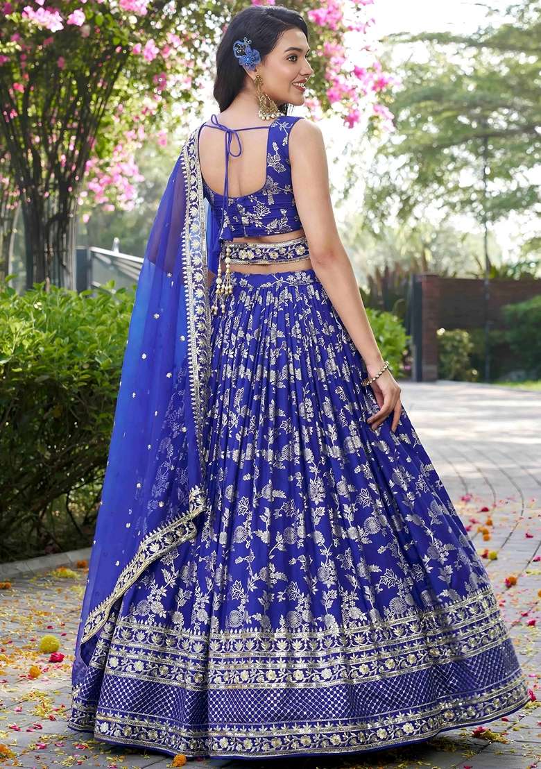 Blue Embroidery Silk Blend Lehenga Set for Diwali and Festive Wear - Indya