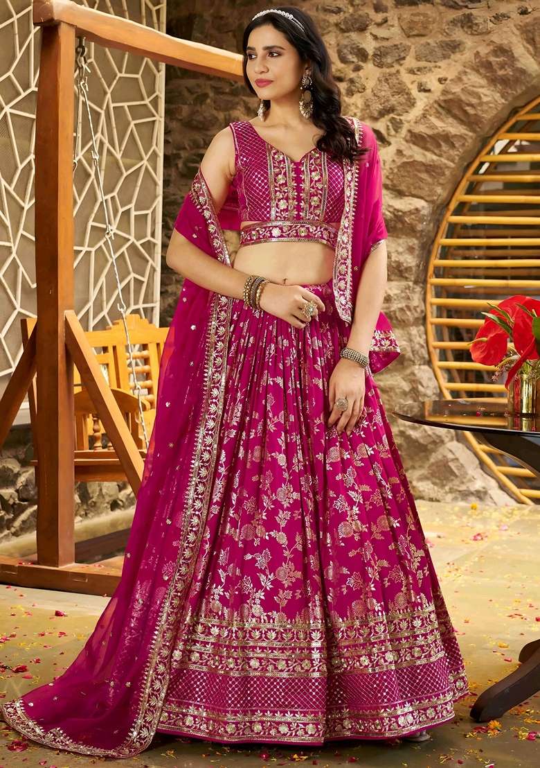 Pink Embroidery Silk Blend Lehenga Set for Diwali and Festive Wear - Indya