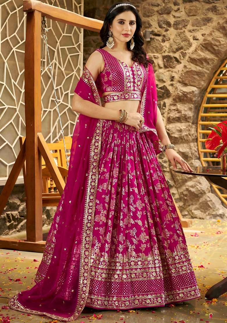 Pink Embroidery Silk Blend Lehenga Set for Diwali and Festive Wear - Indya