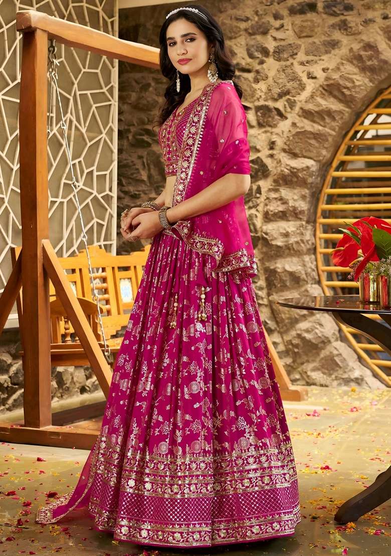 Pink Embroidery Silk Blend Lehenga Set for Diwali and Festive Wear - Indya