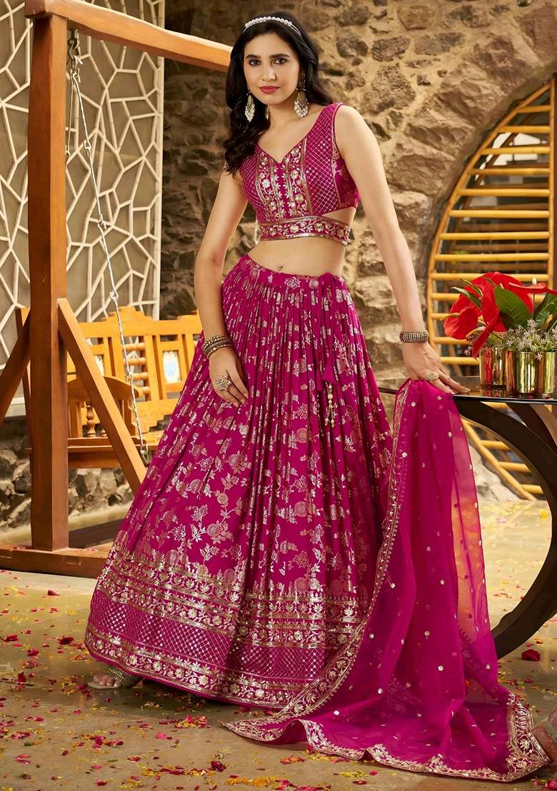 Pink Embroidery Silk Blend Lehenga Set for Diwali and Festive Wear - Indya