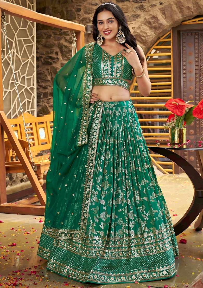 Green Embroidery Silk Blend Lehenga Set for Diwali and Festive Wear - Indya