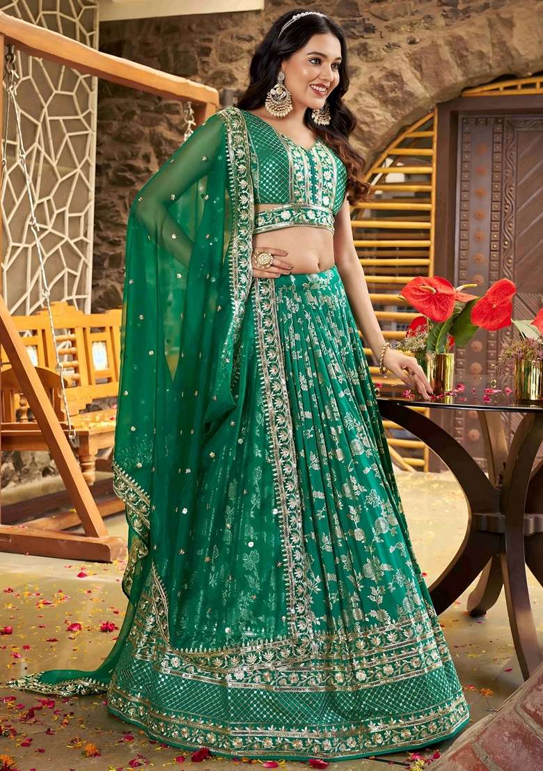 Green Embroidery Silk Blend Lehenga Set for Diwali and Festive Wear - Indya