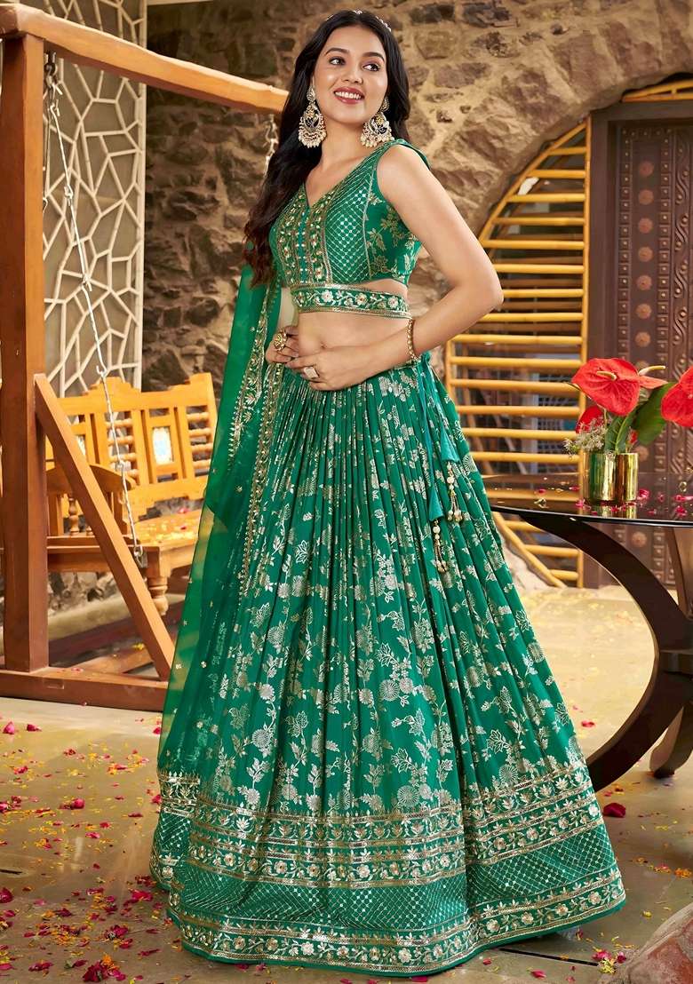 Green Embroidery Silk Blend Lehenga Set for Diwali and Festive Wear - Indya