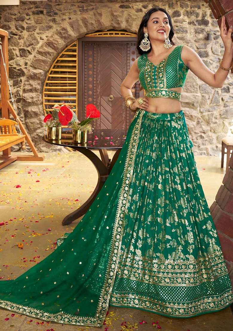 Green Embroidery Silk Blend Lehenga Set for Diwali and Festive Wear - Indya