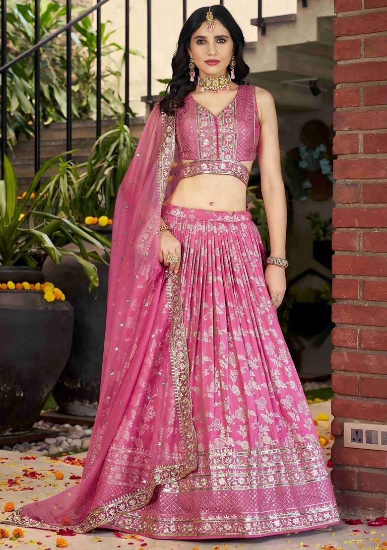 Pink Embroidery Silk Blend Lehenga Set for Diwali and Festive Wear - Indya
