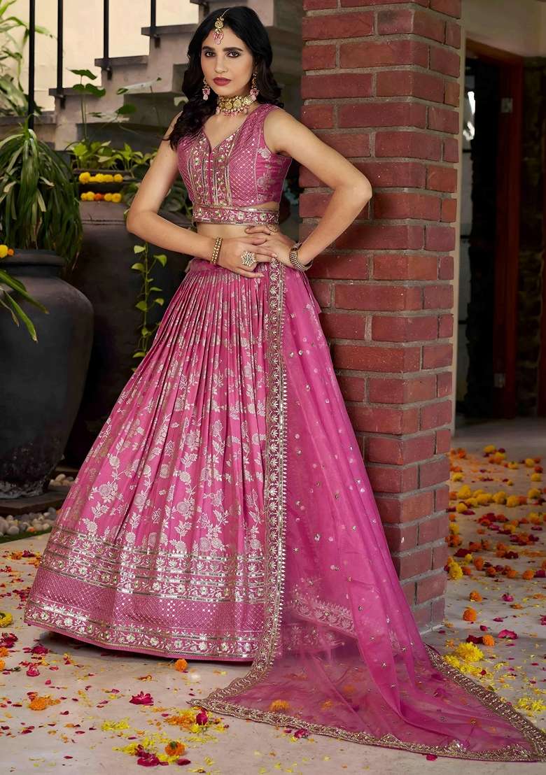 Pink Embroidery Silk Blend Lehenga Set for Diwali and Festive Wear - Indya