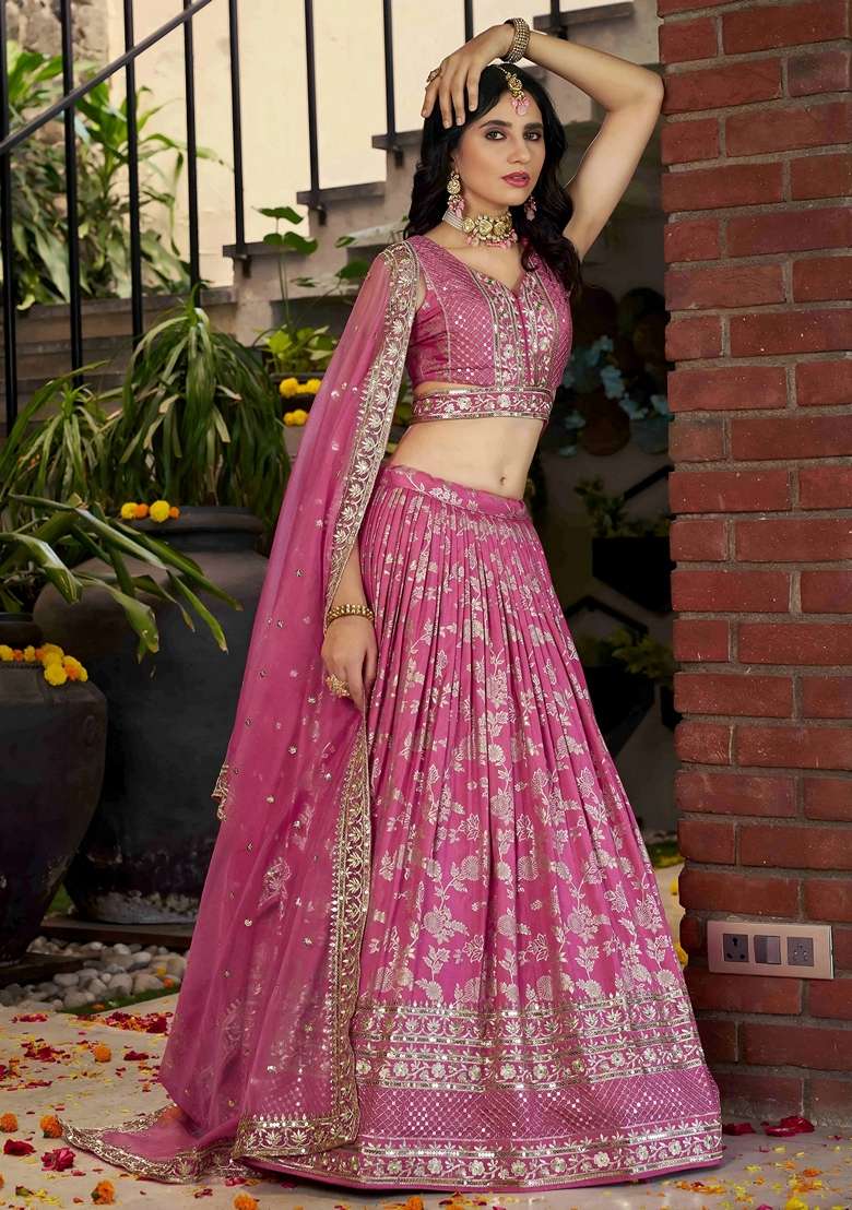 Pink Embroidery Silk Blend Lehenga Set for Diwali and Festive Wear - Indya