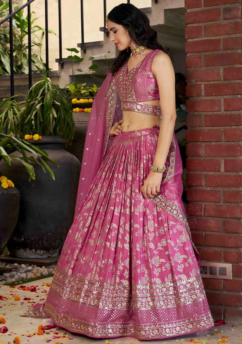 Pink Embroidery Silk Blend Lehenga Set for Diwali and Festive Wear - Indya