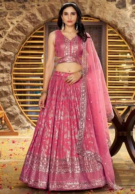 Peach Embroidery Silk Lehenga Set