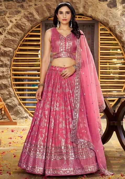 Peach Embroidery Silk Lehenga Set