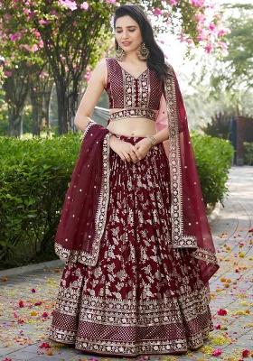 Maroon Embroidery Silk Lehenga Set