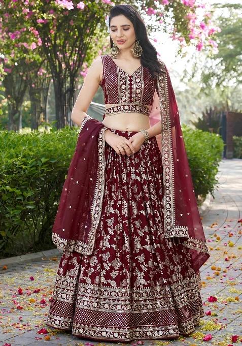Maroon Embroidery Silk Lehenga Set