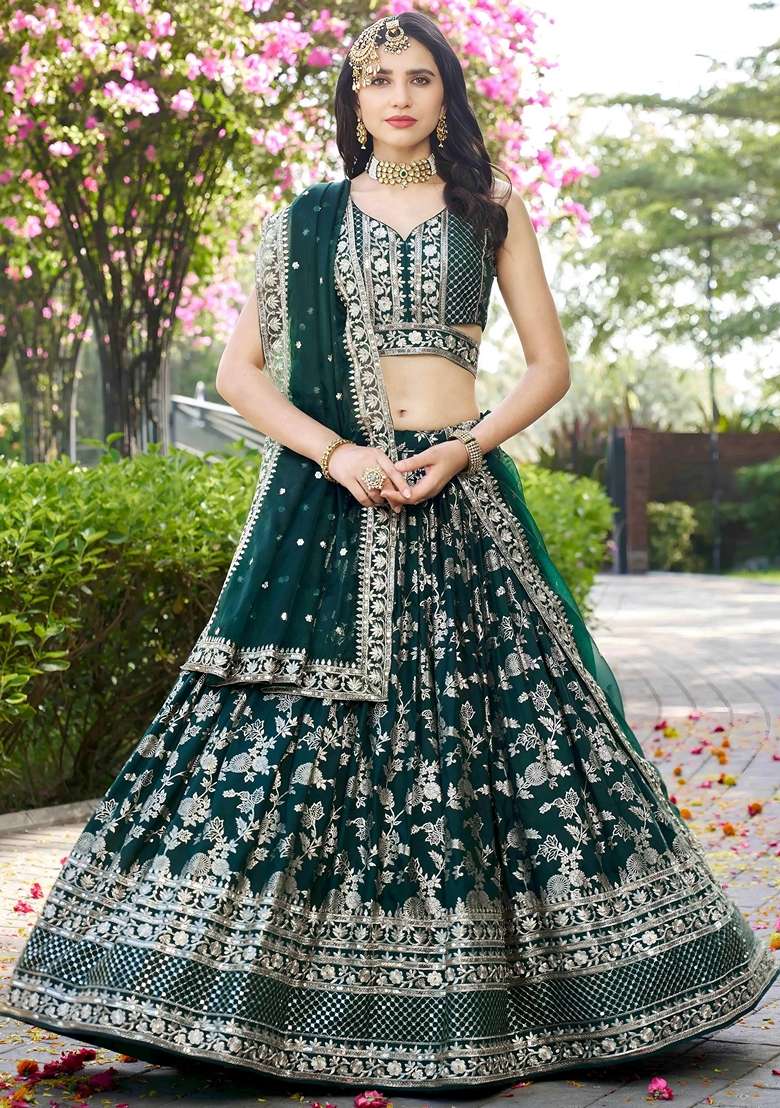 Green Silk Blend Lehenga Set with Embroidery for Diwali | Wedding & Festive Wear - Indya