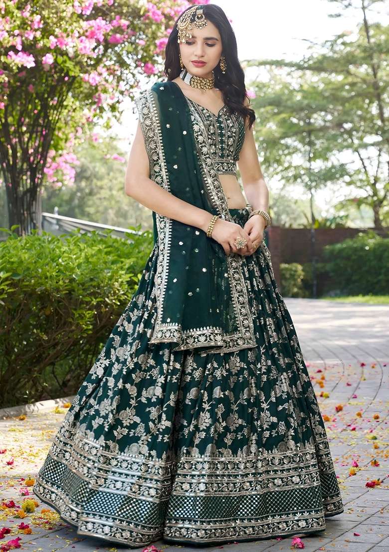 Green Silk Blend Lehenga Set with Embroidery for Diwali | Wedding & Festive Wear - Indya