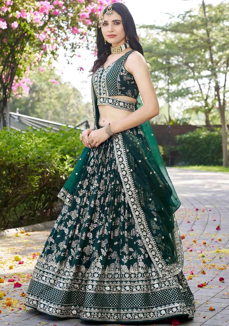 Green Silk Blend Lehenga Set with Embroidery for Diwali | Wedding & Festive Wear - Indya